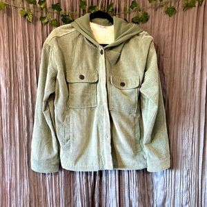 Green, Sherpa, corduroy button up jacket with a hood